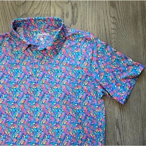 Chubbies Performance Polo Shirt Tropical Floral Blue Pink Men's Medium